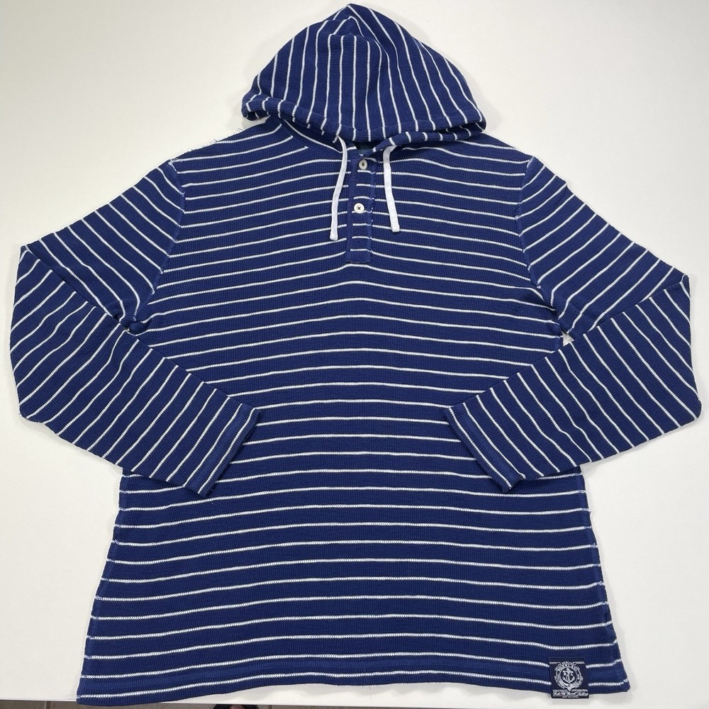 Polo Ralph Lauren Hoodie Mens XL Black Striped Thermal Henley Button Rugby Vtg